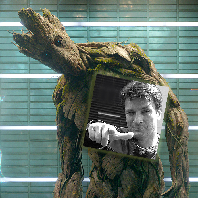 Groot and Nathan Fillion